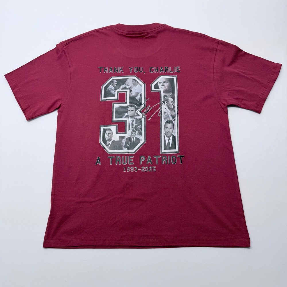Turning Point USA Charlie Kirk Freedom A True Patriot Maroon Graphic T-Shirt L